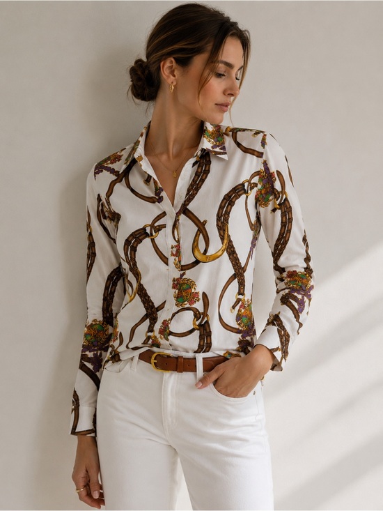 Lauren Ralph Lauren Tops - Lauren Ralph Lauren Equestrian Horsebit Belt Print Cotton Shirt M Old Money